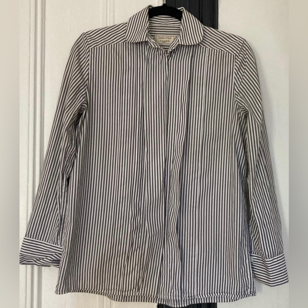 Maison Kitsune blue/grey and white striped button down blouse  | Size 34 (S)
